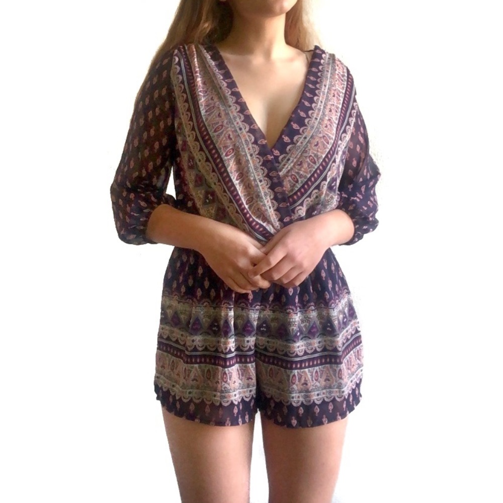 💋Million Bullpup Tribal Print Navy Blue Low Cut Deep V Shorts Romper